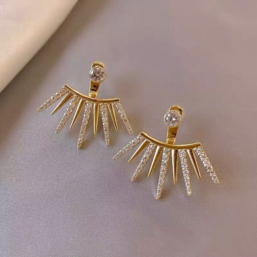 “Bohemian Dreamer” Sun Ray Hippie Diamond Gold Abstract Stud Geometric Earrings - Picture 4 of 5